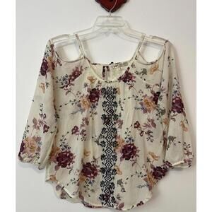 Jolt Womens Small Ivory Floral Sheer Cold-Shoulder Embroidered Blouse! A1954